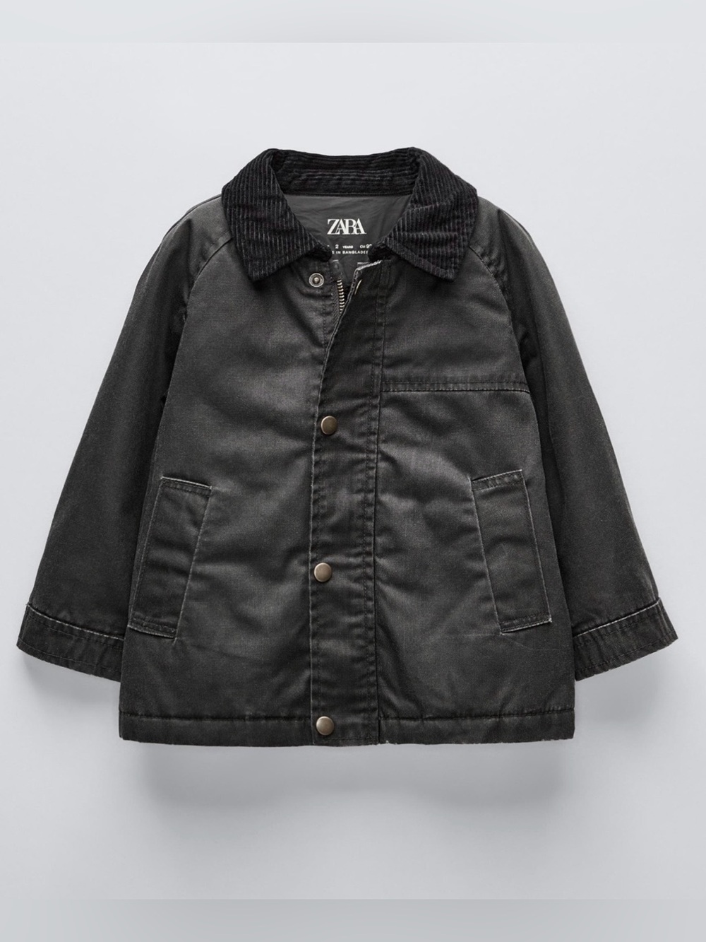 NWT Zara Kids Waxed Utility Jacket with Corduroy Collar - Dark Grey, Size 5